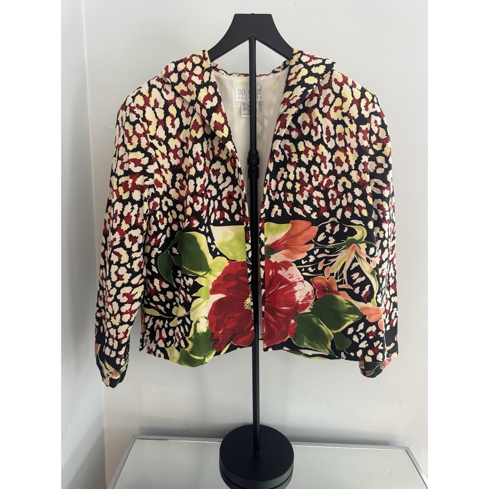 Silk Club Collection Womens‎ L Silk Linen Floral Open Front Jacket Blazer